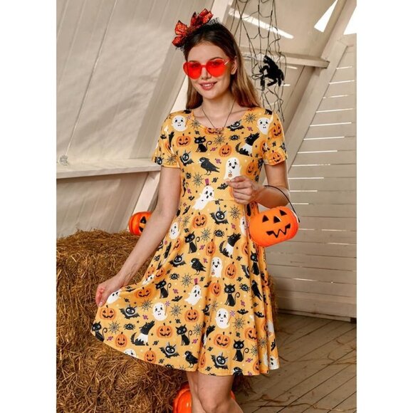 Women's Halloween Dress for Women Short Sleeves Printed Vintage Style Pumpkin - Picture 2 of 6